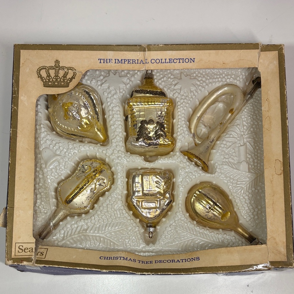 Vtg 1950 West Germany Mica Black Blown Glass Christmas Ornament (Set Of 6 )